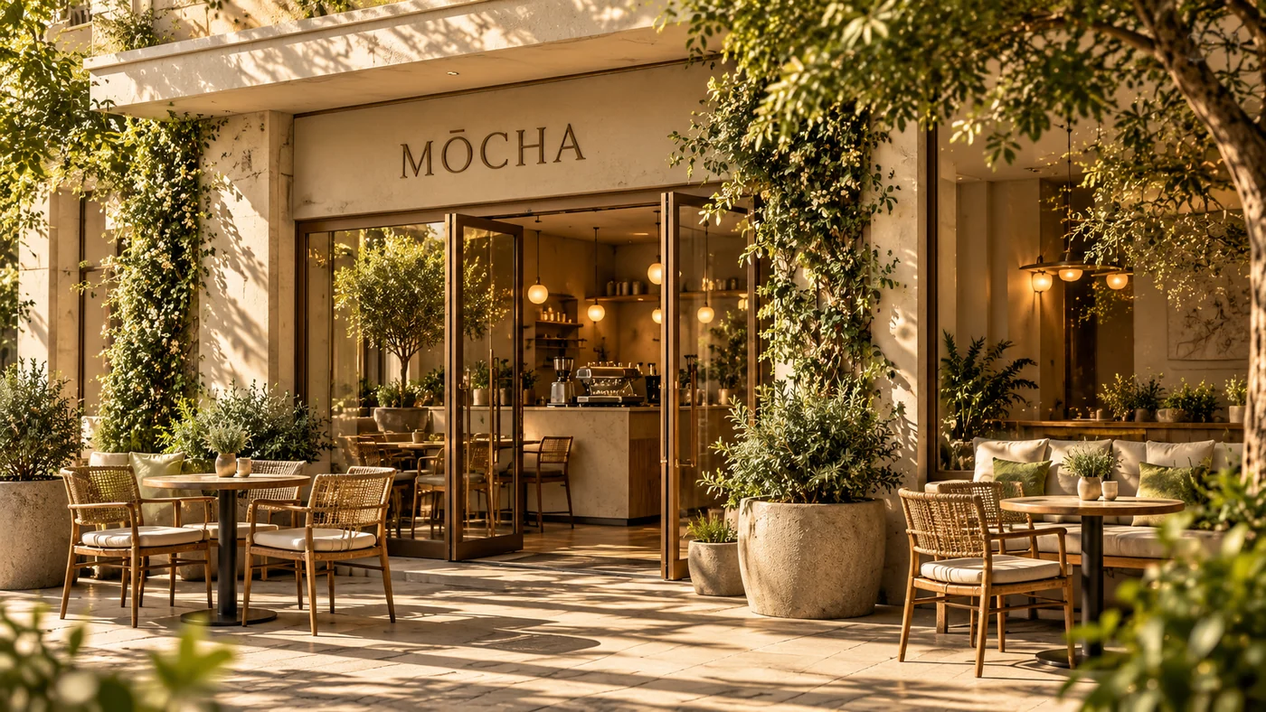 Konzeptvisualisierung eines begrünten MŌCHA Café-Eingangs