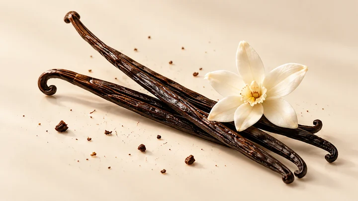 Vanilleschoten mit einer hellen Vanilleblüte